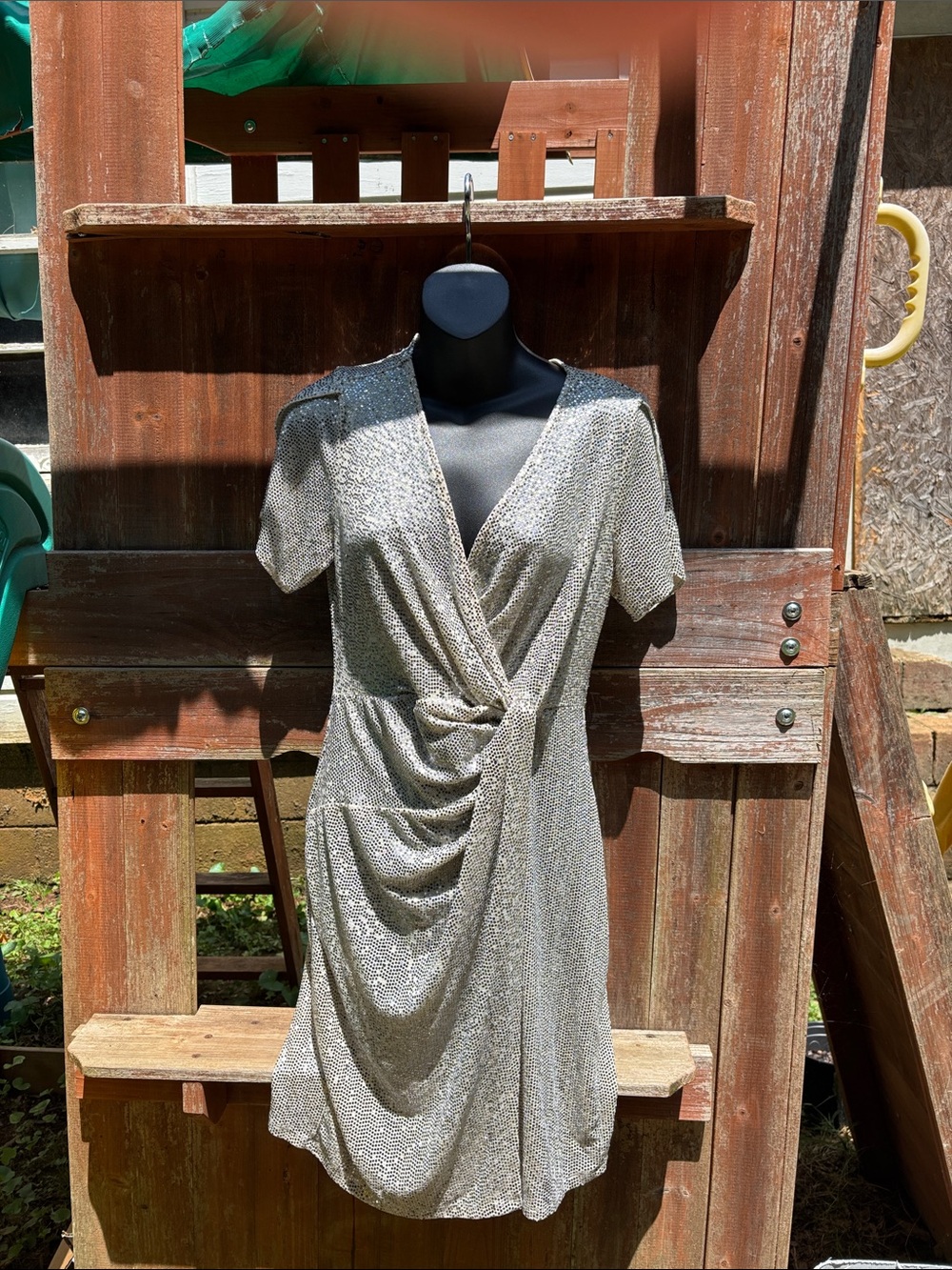 JM STUDIO Metallic Silver Draped V-Neck Mini Dress